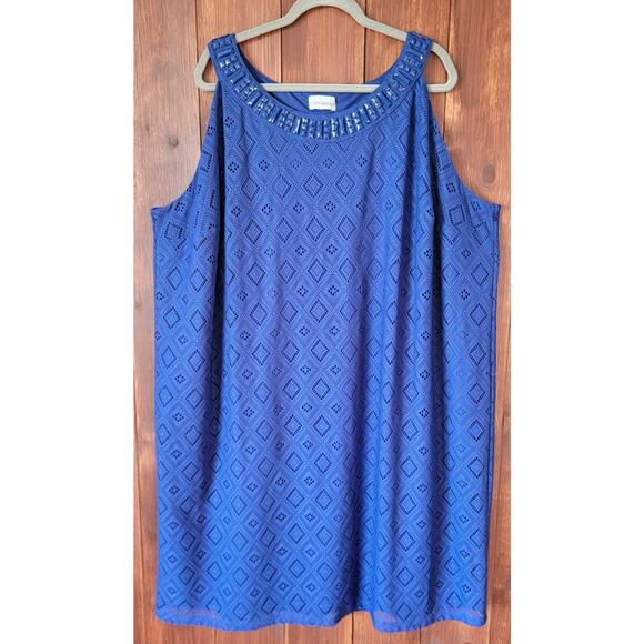 Catherines Plus Royal Blue Eyelet Beaded Mock Neck Sleeveless Midi Sheath Dress - Picture 1 of 5